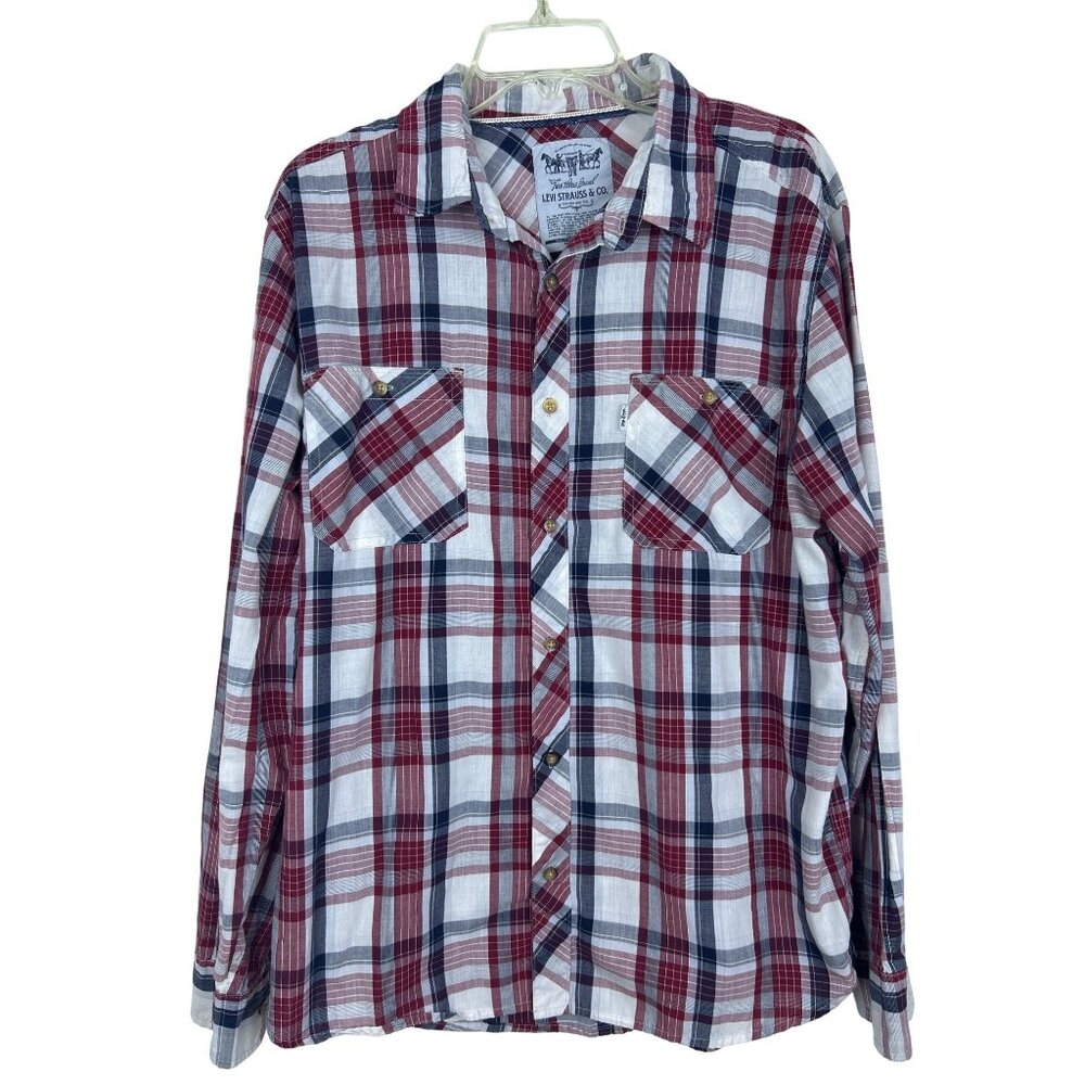 Levi’s Strauss & Co Shirt Men's L Western Red White Plaid Button Up Long Sleeve